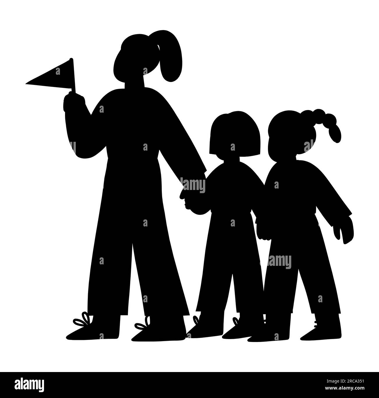 Silhouette nera di un insegnante che guida un gruppo di studenti, bambini che giocano, illustrazione vettoriale isolata su sfondo bianco Illustrazione Vettoriale