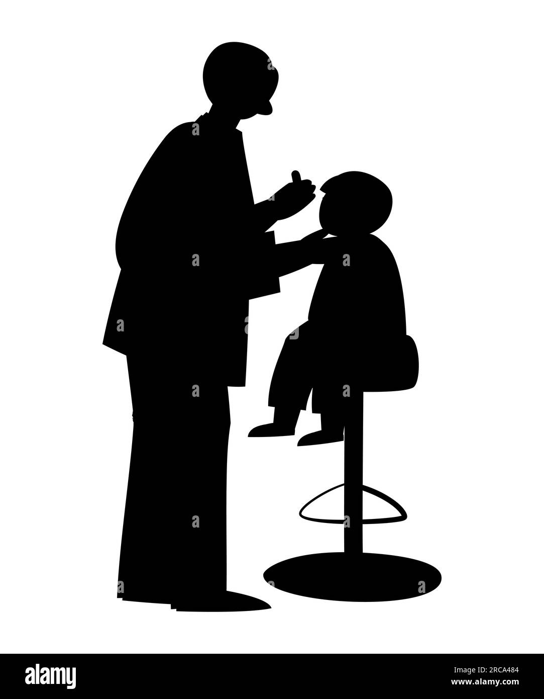 Silhouette nera di bambino esaminato dal Dottore, Dottore che ascolta il torace del paziente con uno stetoscopio, vettore isolato su bianco Illustrazione Vettoriale