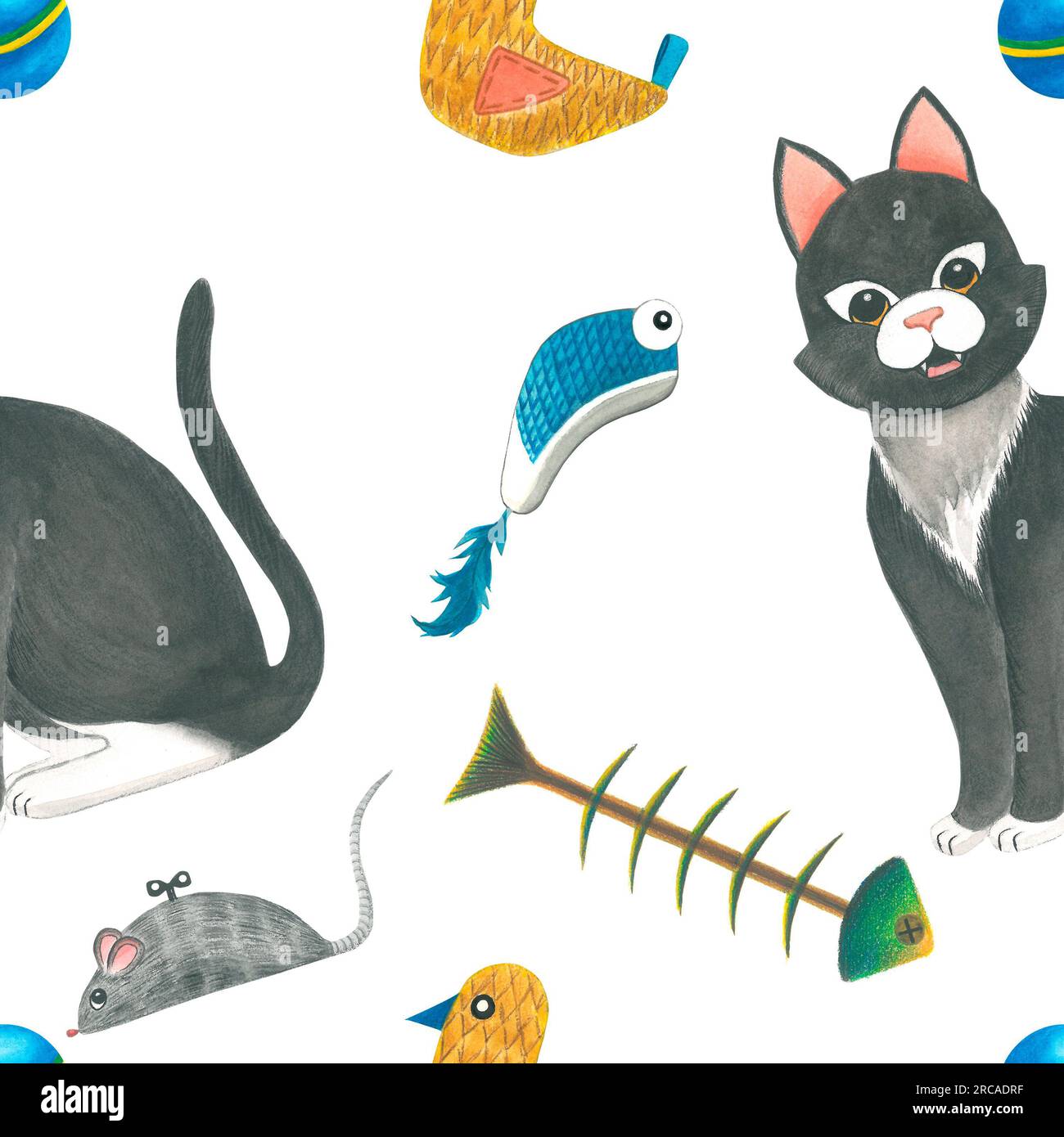 Illustrazione ad acquerello giocattoli per gatti e gatti . Motivo senza cuciture disegnato a mano su sfondo bianco. Per il design e la decorazione di souvenir Foto Stock