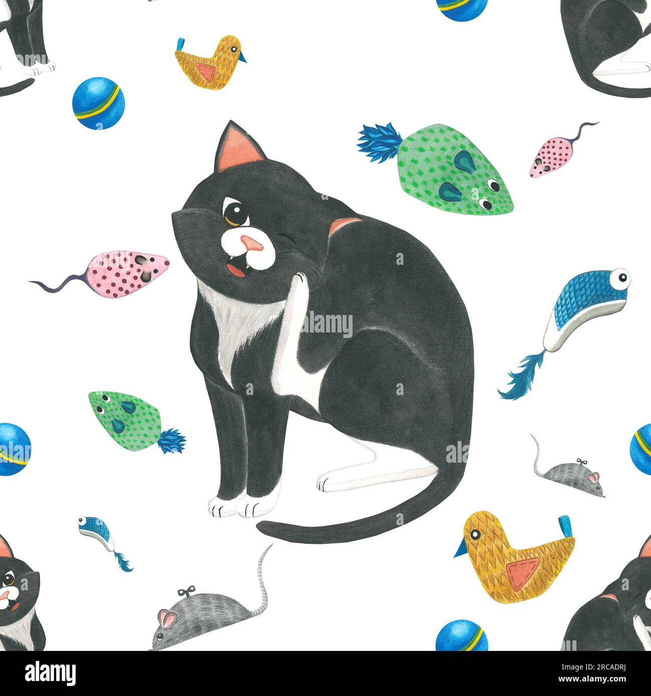 Illustrazione ad acquerello dei pruriti e dei giocattoli per gatti . Motivo senza cuciture disegnato a mano su sfondo bianco. Per il design e la decorazione di souvenir Foto Stock