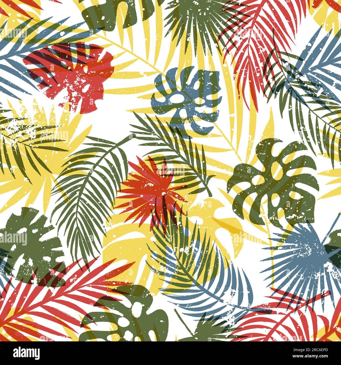 Foglie di palma colorate e luminose su sfondo bianco. Motivo tropicale estivo senza cuciture. Tessuto di tendenza, stampa tessile moda, carta da imballaggio. V Illustrazione Vettoriale