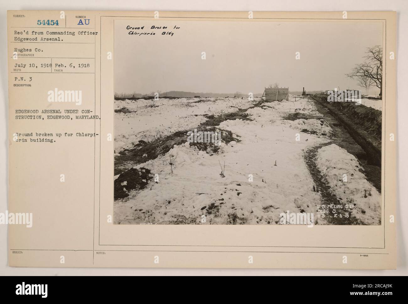 L'Edgewood Arsenal è in costruzione a Edgewood, Maryland. Il terreno è in fase di demolizione per la costruzione dell'edificio Chlorpicrin da parte della Hughes Co. La foto è stata scattata il 6 febbraio 1918 e ricevuta dall'ufficiale comandante dell'Arsenale di Edgewood con il numero P.M. 3. Foto Stock