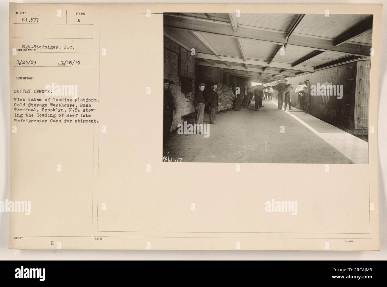 Soldati che caricano manzo su auto refrigerate al Cold Storage Warehouse, Bush Terminal, Brooklyn, N.Y. Questo era un deposito di rifornimenti durante la prima guerra mondiale, dove cibo e provviste venivano immagazzinati e trasportati per l'esercito. L'immagine è stata scattata dal sergente Steiniger, S.C. (numero di serie 61.677) nel 1919. Foto Stock