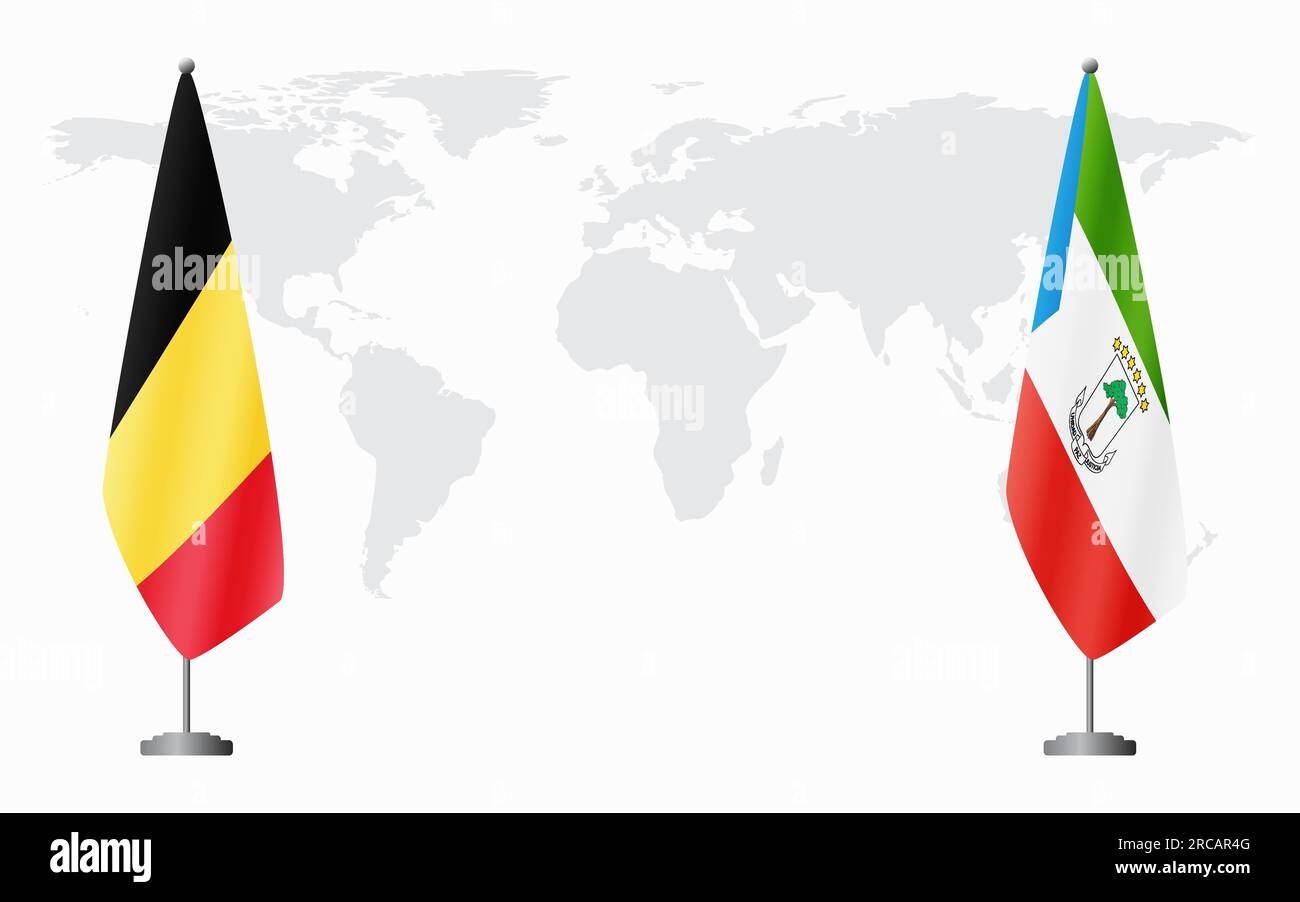 Belgio e Guinea Equatoriale bandiere per un incontro ufficiale sullo sfondo della mappa mondiale. Illustrazione Vettoriale