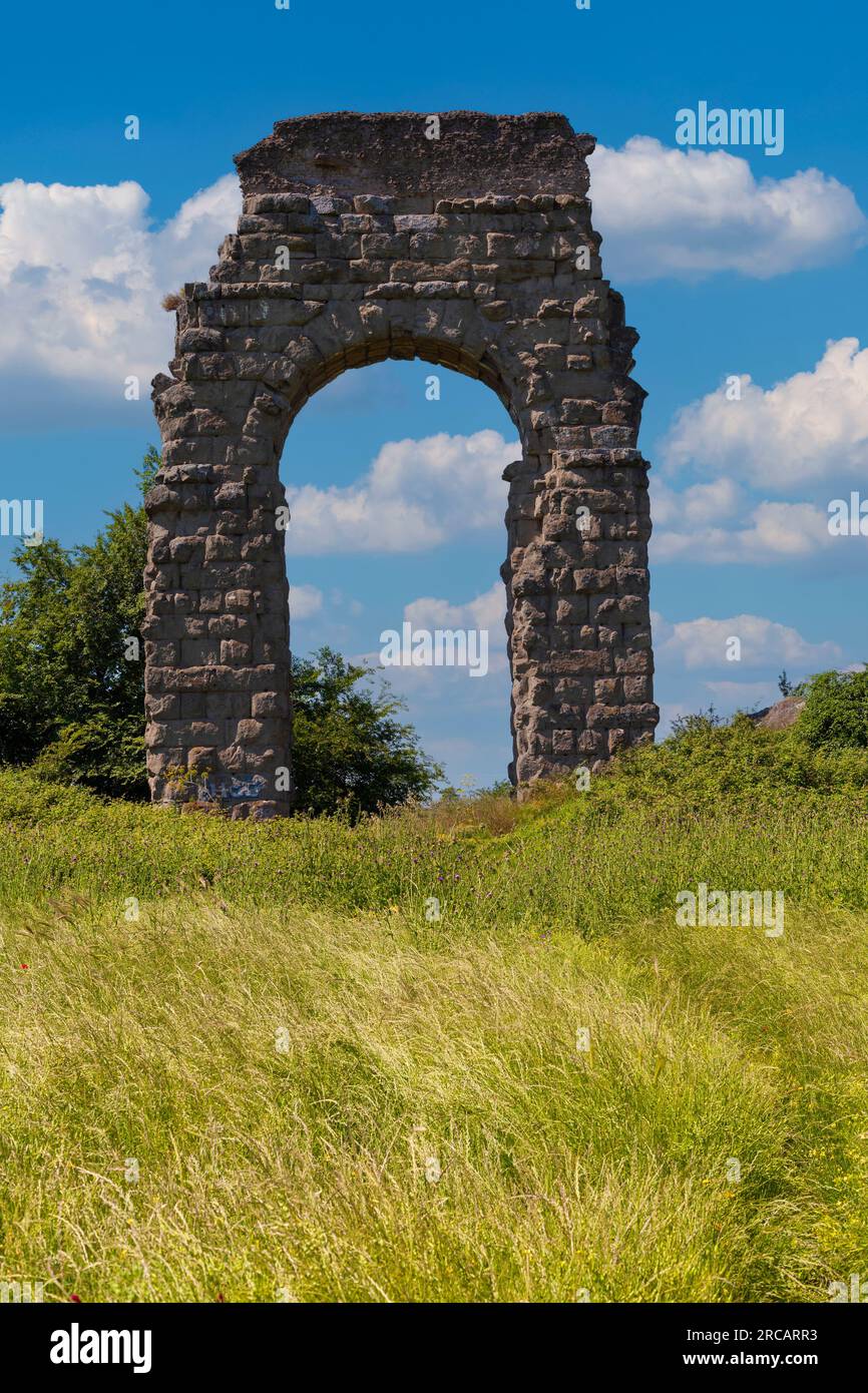 Il suggestivo arco dell'antico acquedotto romano sorge in mezzo alla bellezza serena del Parco degli Acquedotti, incorniciato da un tappeto di fiori gialli. Foto Stock