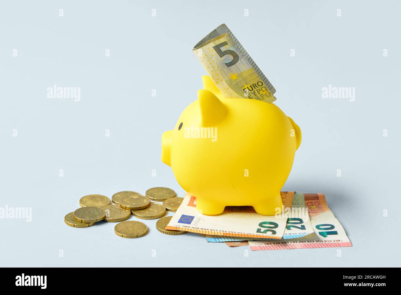 Salvadanaio con banconote e monete in euro su sfondo grigio Foto stock -  Alamy