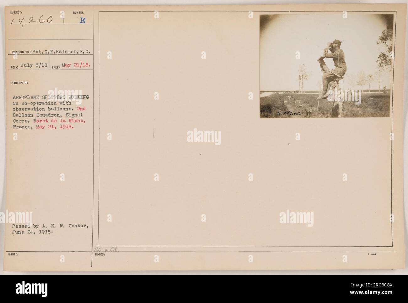 Didascalia: "Fotografia aerea scattata il 21 maggio 1918, mostra i ricognitori di aerei che lavorano in collaborazione con i palloni di osservazione a Poret de la Riene, Francia. La fotografia, scattata da Pvt. C.E. Painter, S.C., fa parte della collezione di attività militari americane durante la prima guerra mondiale L'immagine fornisce un'idea del coordinamento tra unità aeree e terrestri durante la guerra." Foto Stock