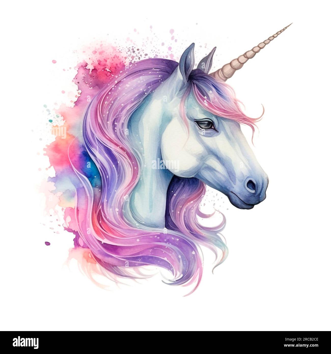 ritratto ad acquerello di unicorno rosa e blu su sfondo bianco Foto Stock