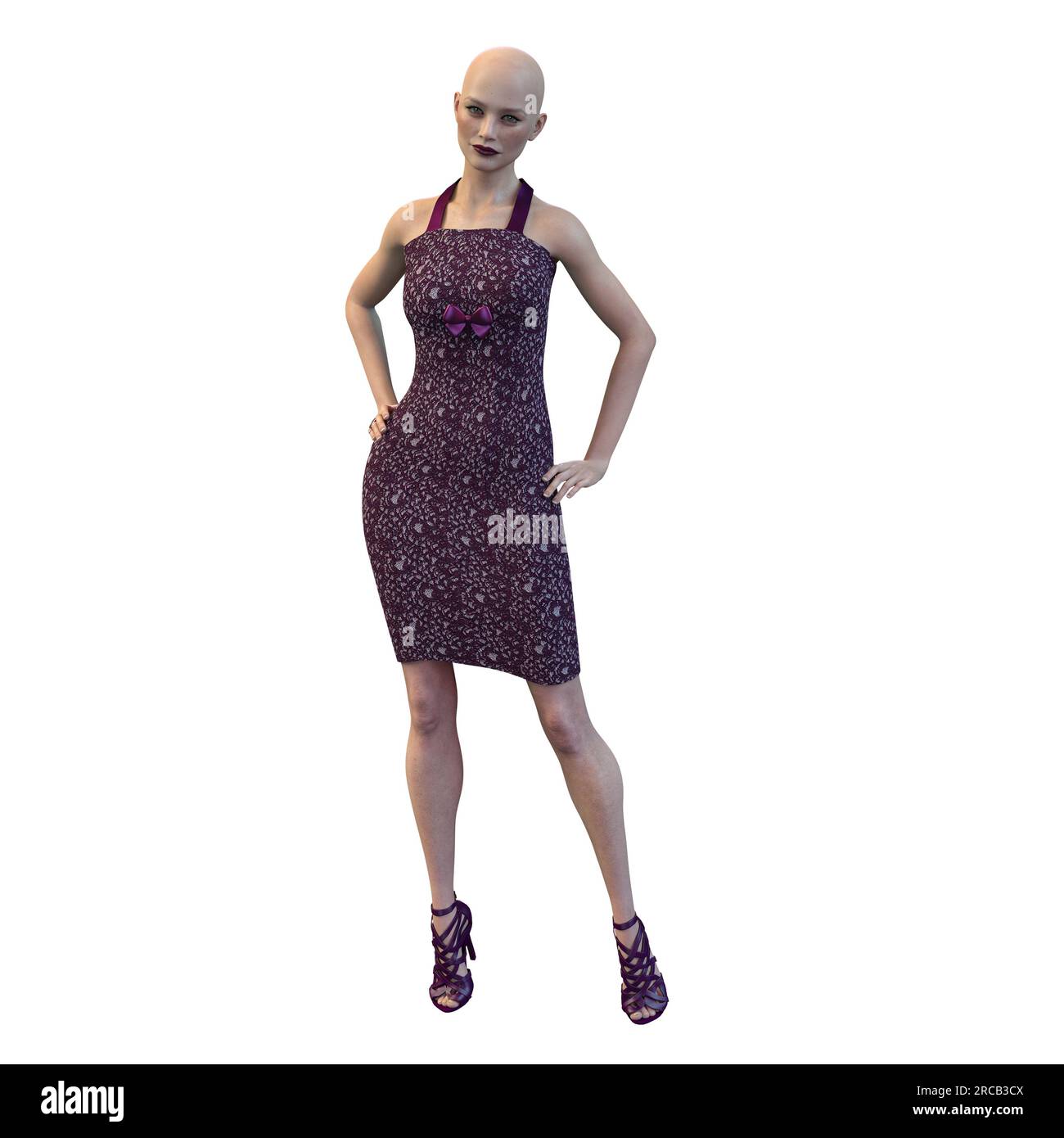 Donna su sfondo isolato in abito estivo Maroon con tacco alto Strappy su sfondo bianco isolato, rendering 3D, illustrazione 3D. Foto Stock