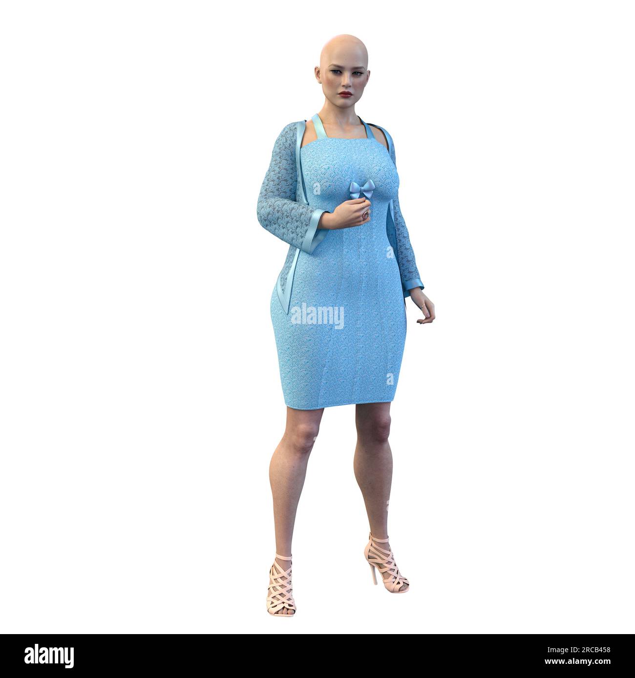 Donna su sfondo isolato in abito estivo blu a lunghezza ginocchio con tacco alto Strappy , 3D Rendering, illustrazione 3D. Foto Stock