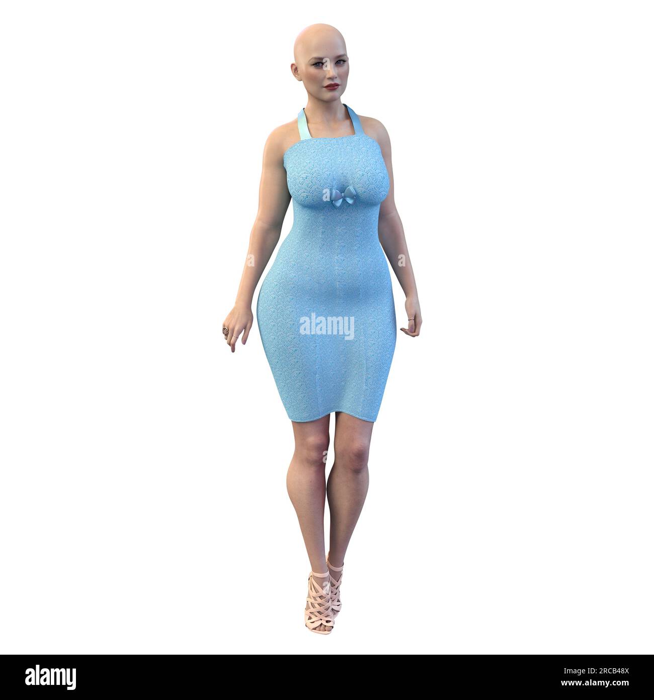 Donna su sfondo isolato in abito estivo blu a lunghezza ginocchio con tacco alto Strappy , 3D Rendering, illustrazione 3D. Foto Stock