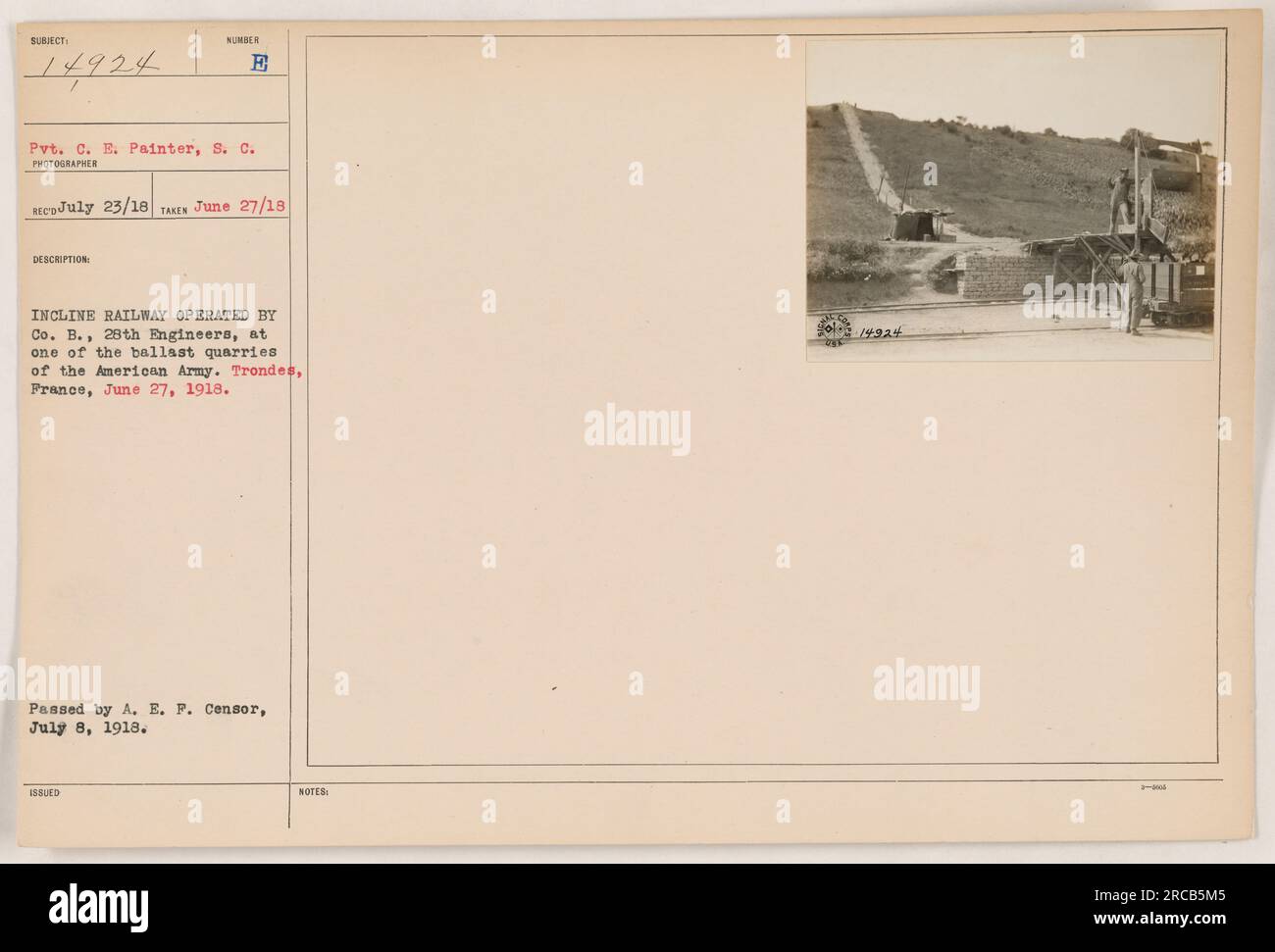 Privato C.E. Painter of the Signal Corps è visto lavorare su una ferrovia in pendenza gestita dalla compagnia B, 28th Engineers. La ferrovia è utilizzata per il trasporto di zavorra estratta dall'esercito americano. La foto è stata scattata a Trondes, in Francia, il 27 giugno 1918. È stato approvato dalla censura l'8 luglio 1918. Foto Stock