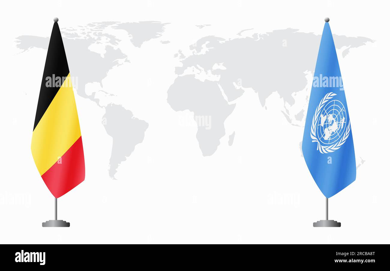 Il Belgio e le Nazioni Unite bandiere per un incontro ufficiale sullo sfondo della mappa mondiale. Illustrazione Vettoriale