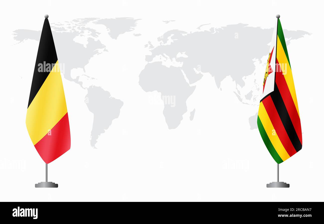 Belgio e Zimbabwe bandiere per riunioni ufficiali sullo sfondo della mappa mondiale. Illustrazione Vettoriale