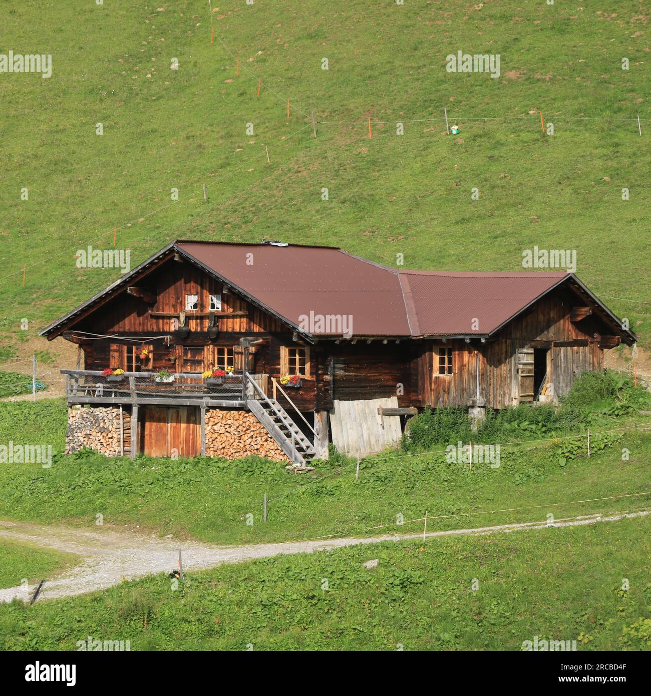 Piccola vecchia capanna in legno nelle Alpi svizzere Foto Stock