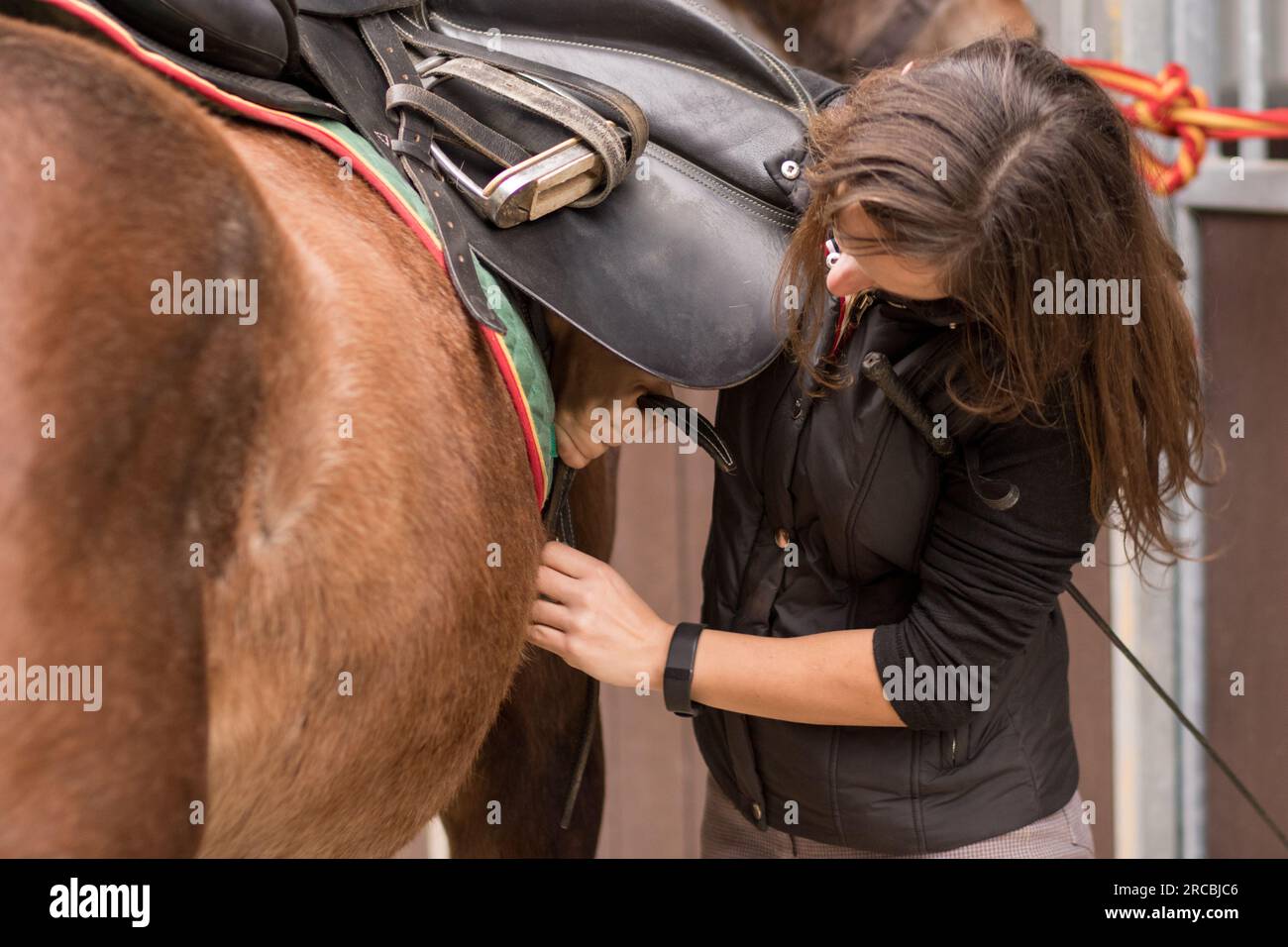 Come utilizzare la sella per cavalli, l'imbracatura e gli accessori per  cinghie. Primo piano di una donna ispanica di mezza età nel paddock Foto  stock - Alamy