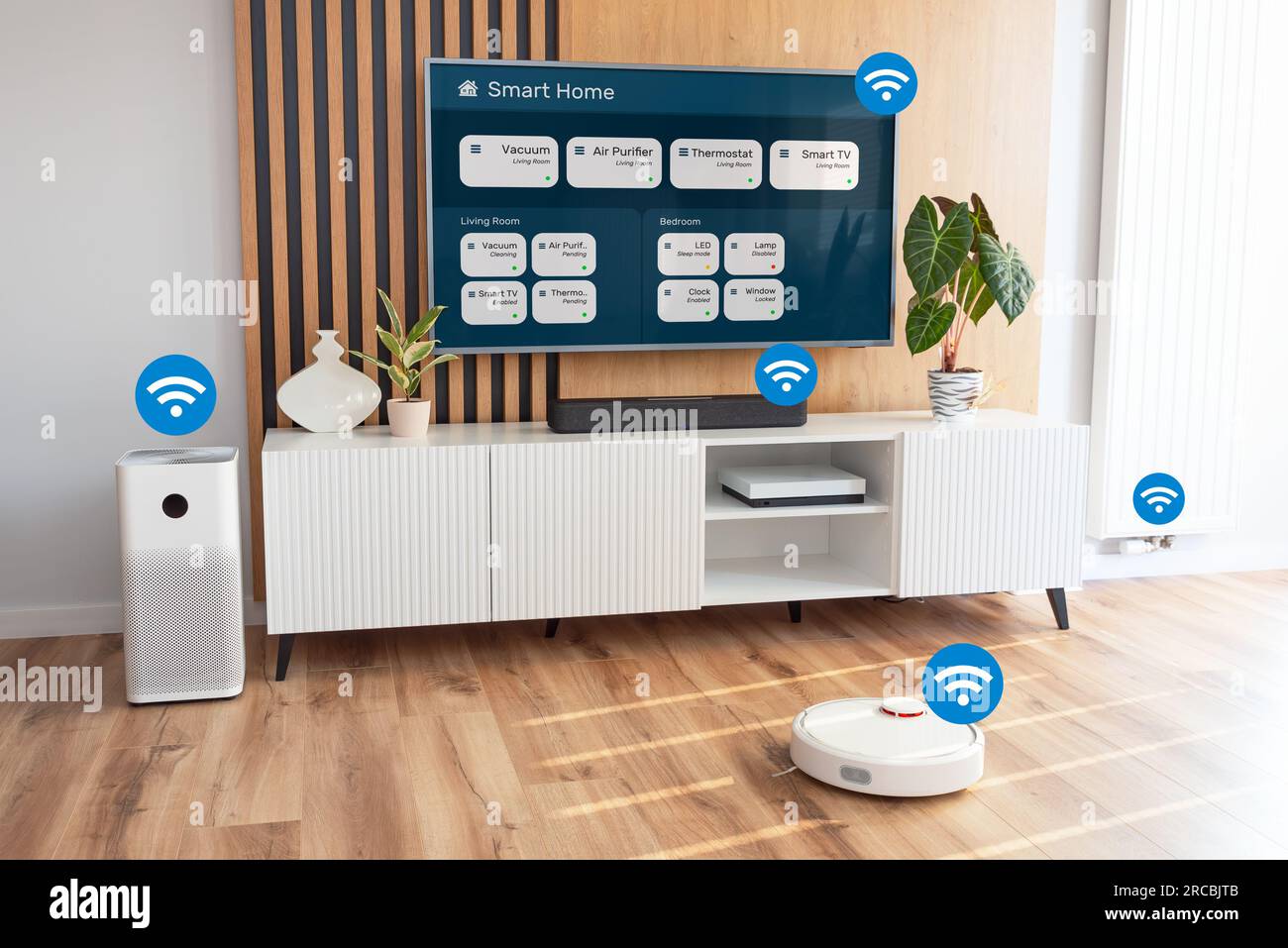 Dispositivi domestici intelligenti, controllati da app intelligenti. Concetto dell'Internet delle cose Foto Stock
