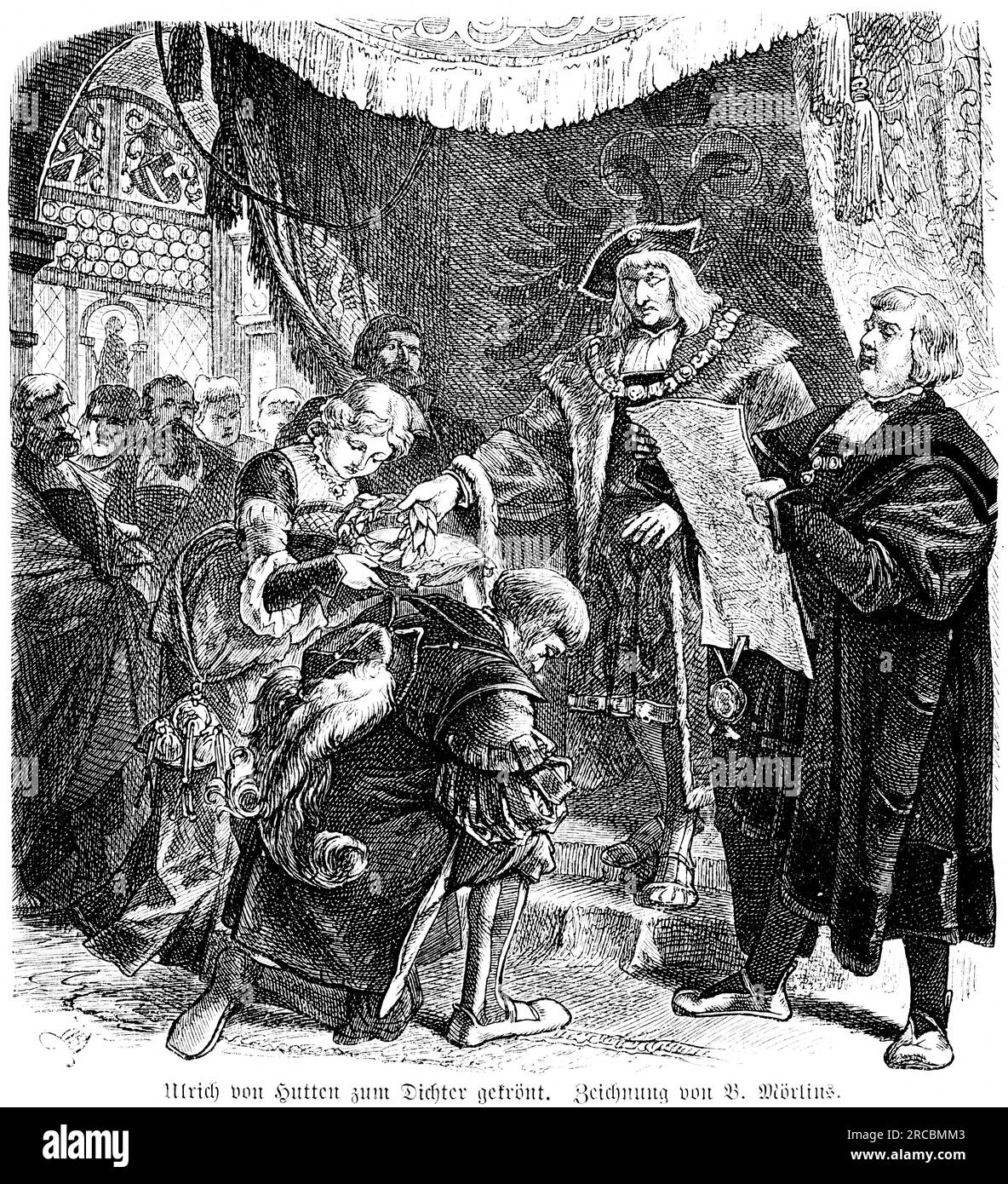 Ullrich von Hutten poeta incoronato ad Augusta, Patrizio, stanza, palazzo, alta nobiltà, ramo olivicolo, pubblico, evento, donna come avvocato, arte, lettera Foto Stock