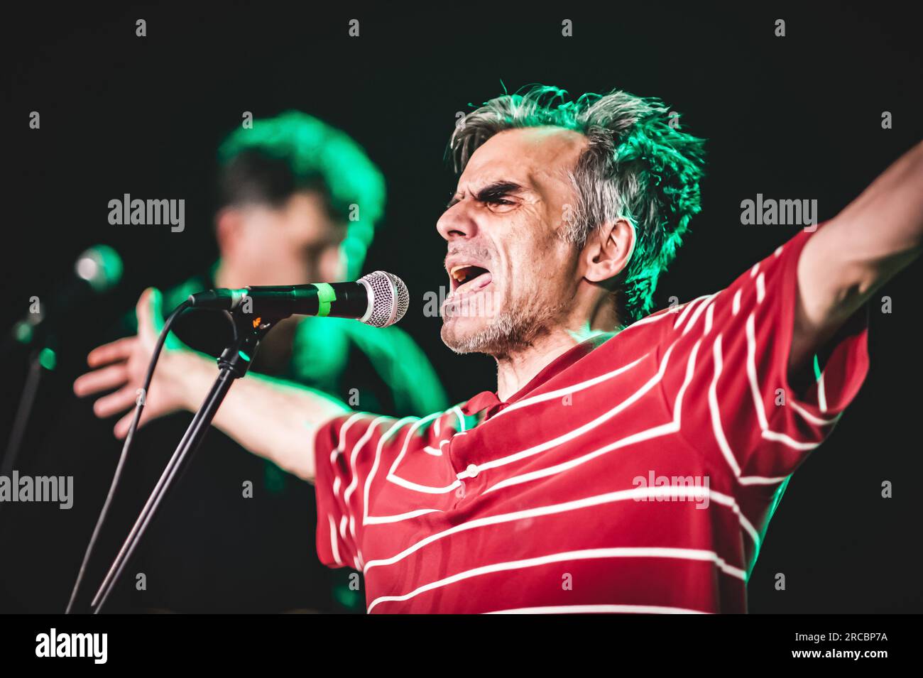 Ritratto ravvicinato del cantante artista durante una performance dal vivo su un palco. Gruppo musicale punk rock Foto Stock
