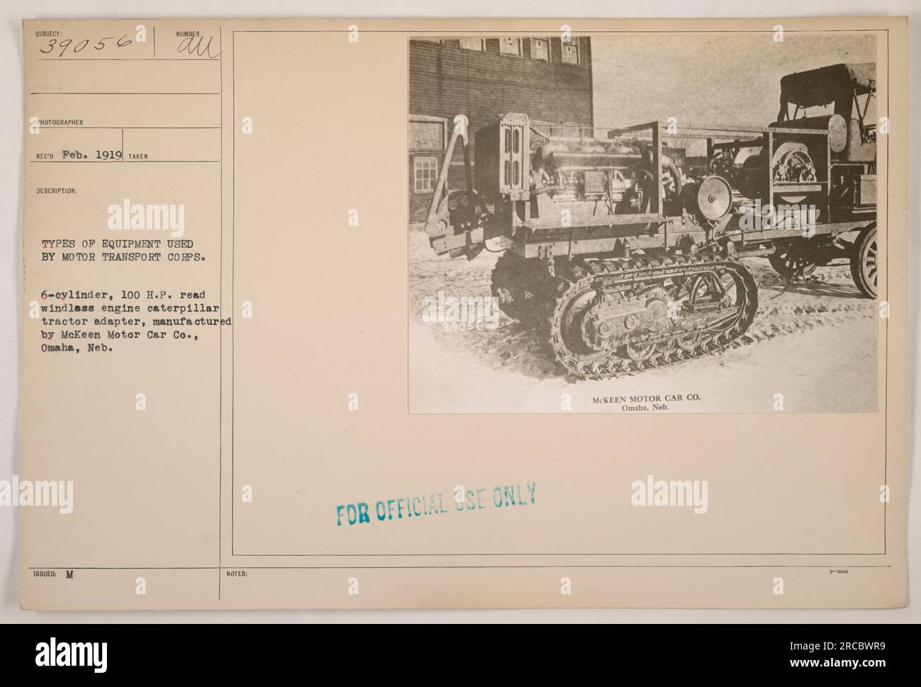 Questa fotografia, scattata nel febbraio 1919, mostra un veicolo Motor Transport Corps equipaggiato con un 6 cilindri, 100 H.P. Motore Red Winglass e adattatore trattore caterpillar. L'adattatore è stato prodotto dalla McKeen Motor Car Co. Di Omaha, Nebraska. Queste informazioni sono destinate esclusivamente all'uso ufficiale. Foto Stock