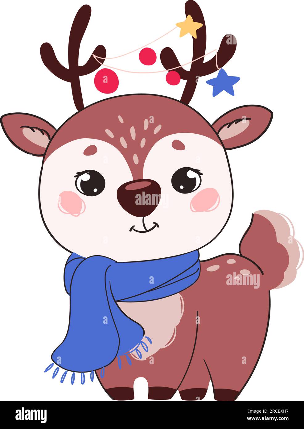 Un cervo con una sciarpa lavorata a maglia e ghirlande di Capodanno sulle corna. Illustrazione vettoriale natalizia in stile piatto. Carino animale, fatto di carte per Capodanno, poster, cancelleria Illustrazione Vettoriale