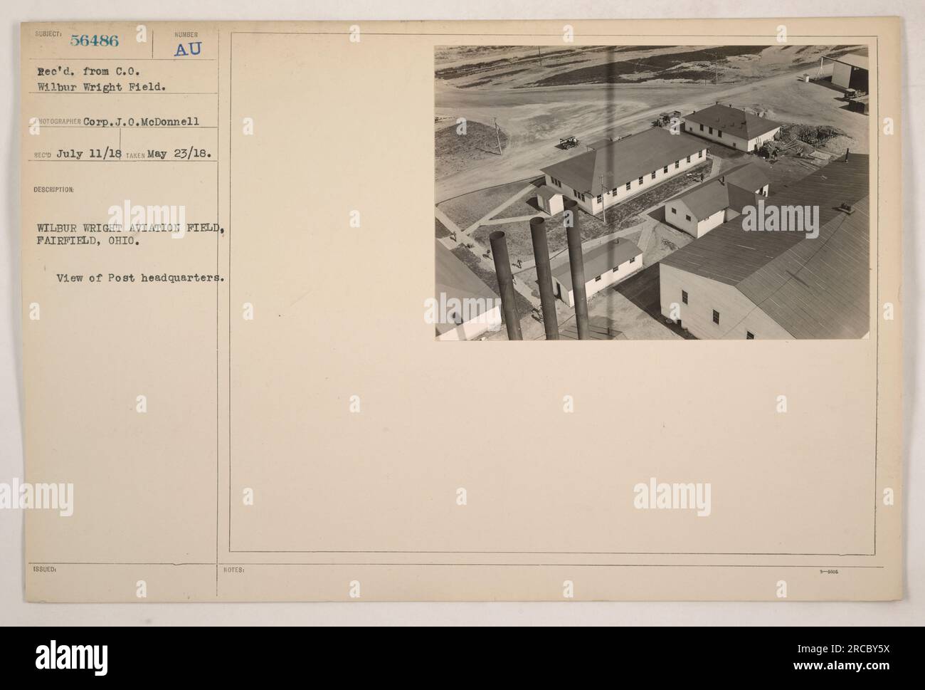 Quartier generale del Wilbur Wright Aviation Field a Fairfield, Ohio. La foto, scattata dalla Corp.J.O.McDonnell, mostra l'edificio e l'area circostante. Il numero di descrizione indica la posizione specifica. La fotografia è stata ricevuta dal Comandante l'11 luglio 1918, e i registri indicano che è stata rilasciata il 23 maggio 1918." Foto Stock