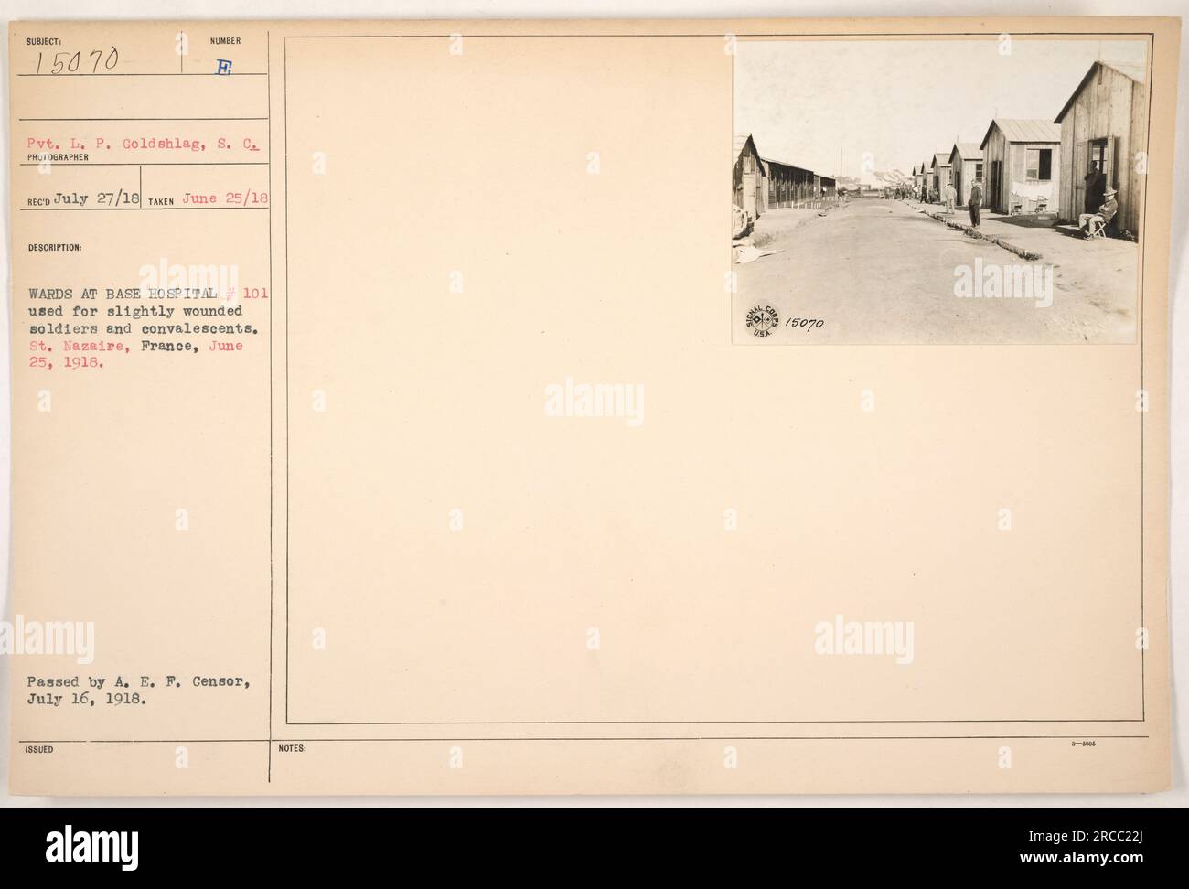 Immagine del Pvt. L. P. Goldshlag al base Hospital #101 di St. Nazaire, Francia. La foto è stata scattata il 25 giugno 1918. L'ospedale è stato usato per curare soldati leggermente feriti e convalescenti durante la prima guerra mondiale L'immagine è stata emessa e approvata dalla A. E. F. Censor il 16 luglio 1918. Foto Stock