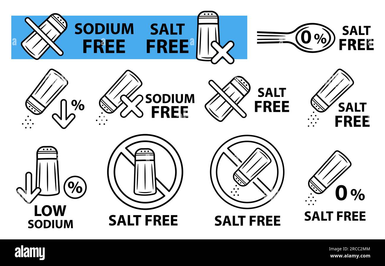 Senza sale, a basso contenuto di solfato di sodio, senza alimenti dietetici salati, set di icone con linea di bottiglia per agitatori per spezie incrociate. Non aggiunta di condimento salino. Mangiare prodotti. Vettore Illustrazione Vettoriale