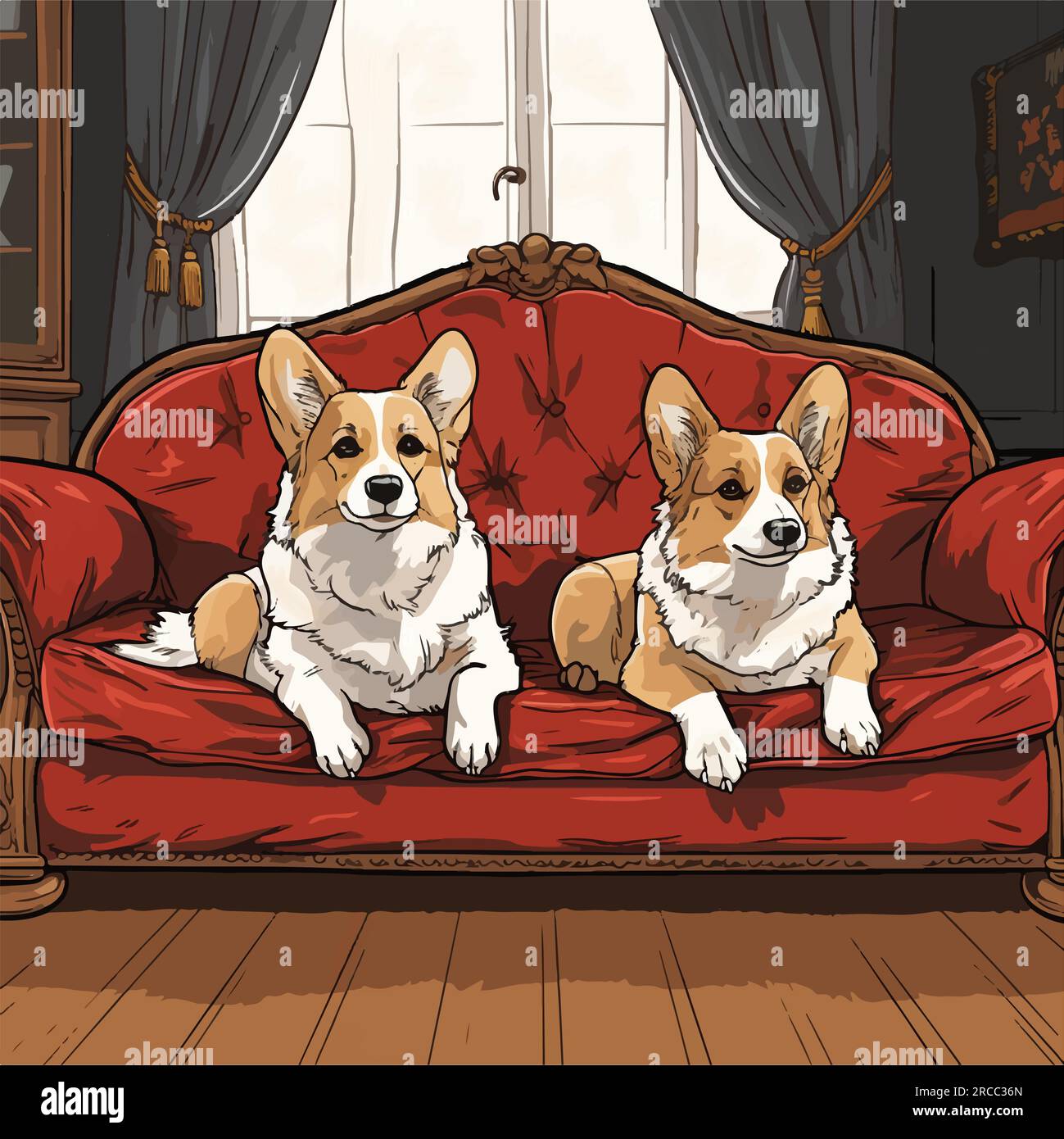 Due cani corgi seduti su un divano rosso davanti alle tende verdi, alla finestra e all'ambiente domestico Illustrazione Vettoriale