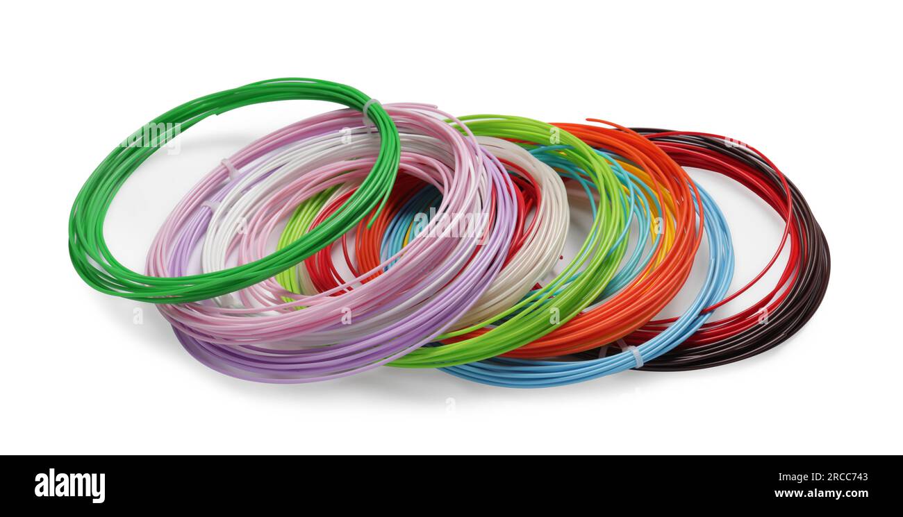 Filamenti di plastica colorati per penna 3D isolata su bianco Foto Stock