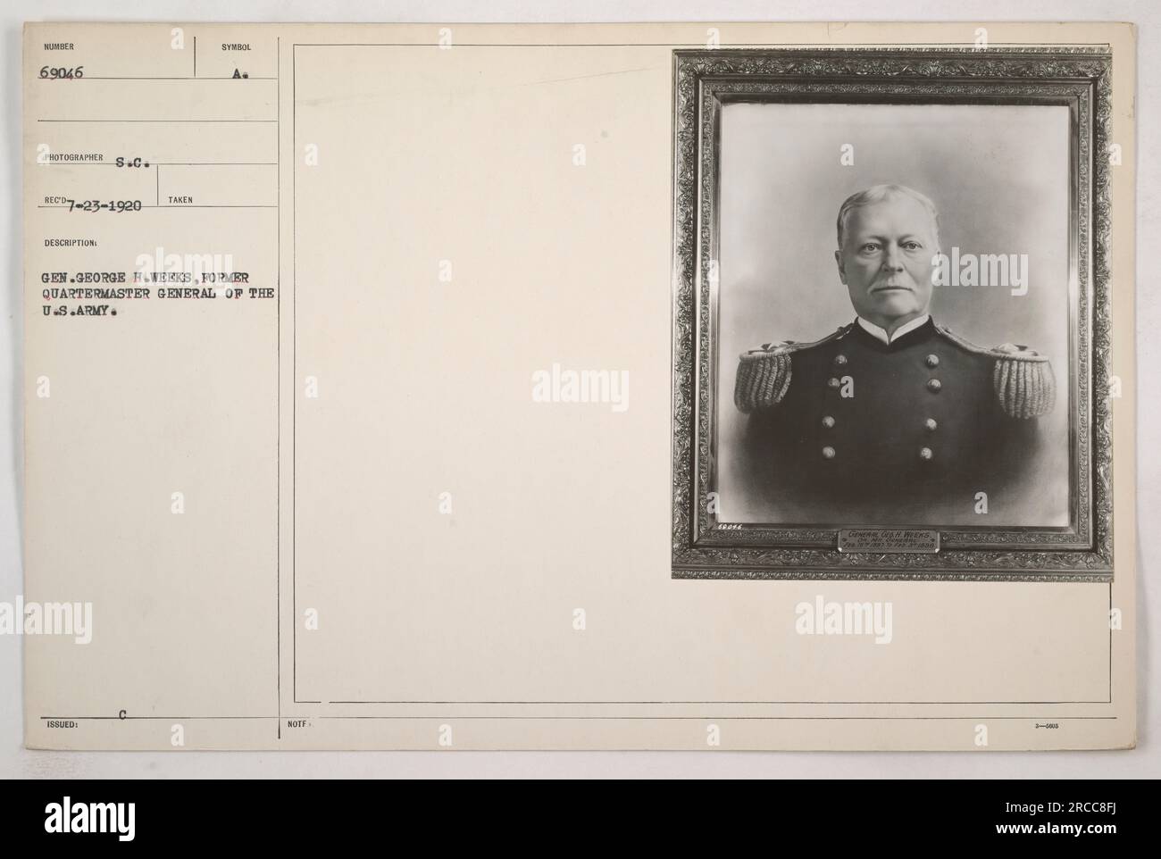 Generale George H. Weeks, ex Quartermaster General degli Stati Uniti Esercito, raffigurato in questa foto. L'immagine è stata scattata il 23 luglio 1920 e può essere identificata attraverso il simbolo di designazione A. il generale George H. Weeks lo ha reso una figura notevole nella storia militare americana. Foto Stock