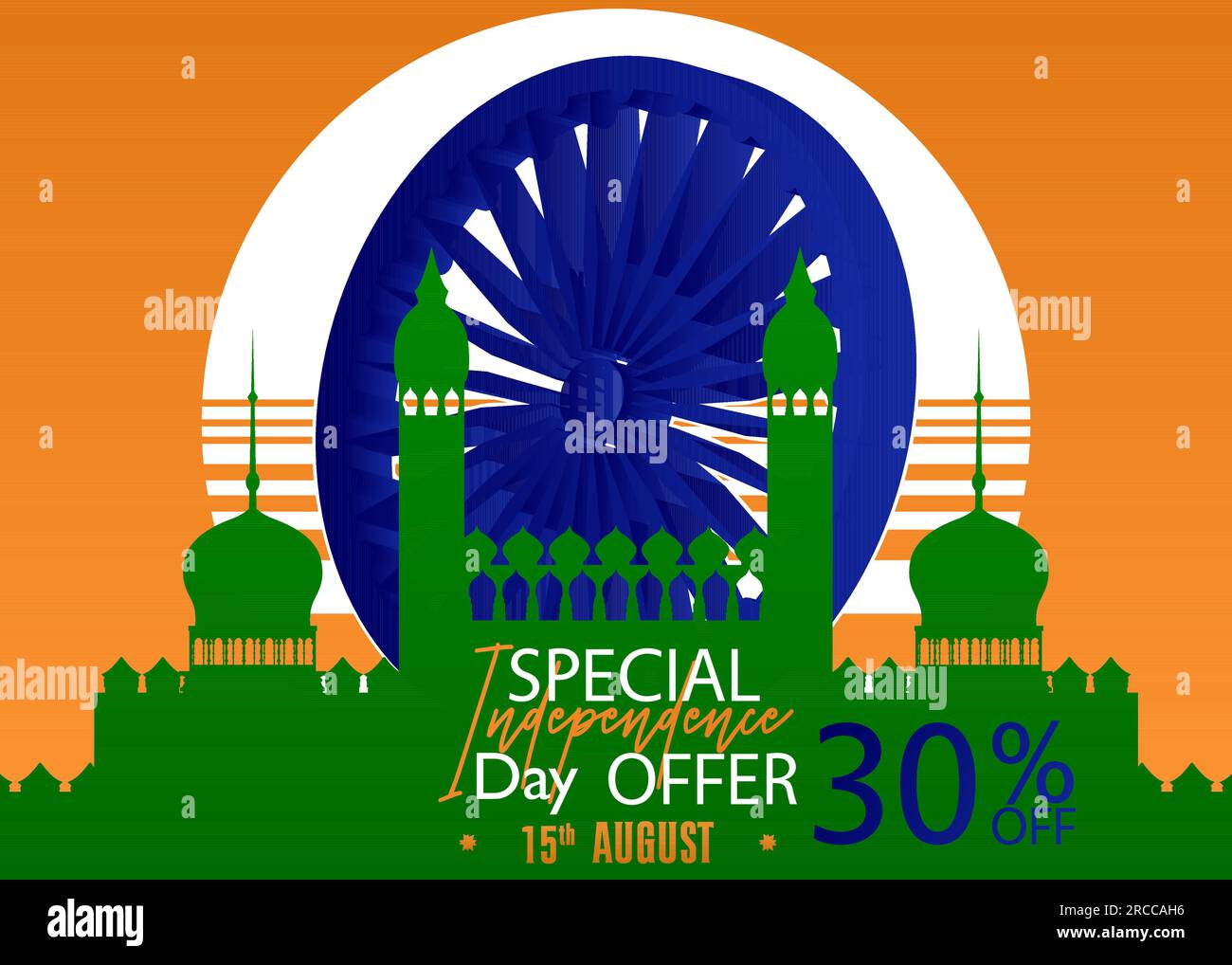 Poster Indian Independence Day sale con bandiera tricolore, verde, arancione e bianco. Modello patriottismo, felice festa della libertà India con speciale off Illustrazione Vettoriale