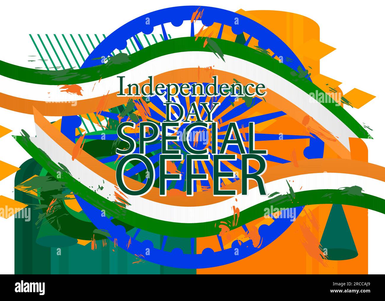Poster Indian Independence Day sale con bandiera tricolore, verde, arancione e bianco. Modello patriottismo, felice festa della libertà India con speciale off Illustrazione Vettoriale