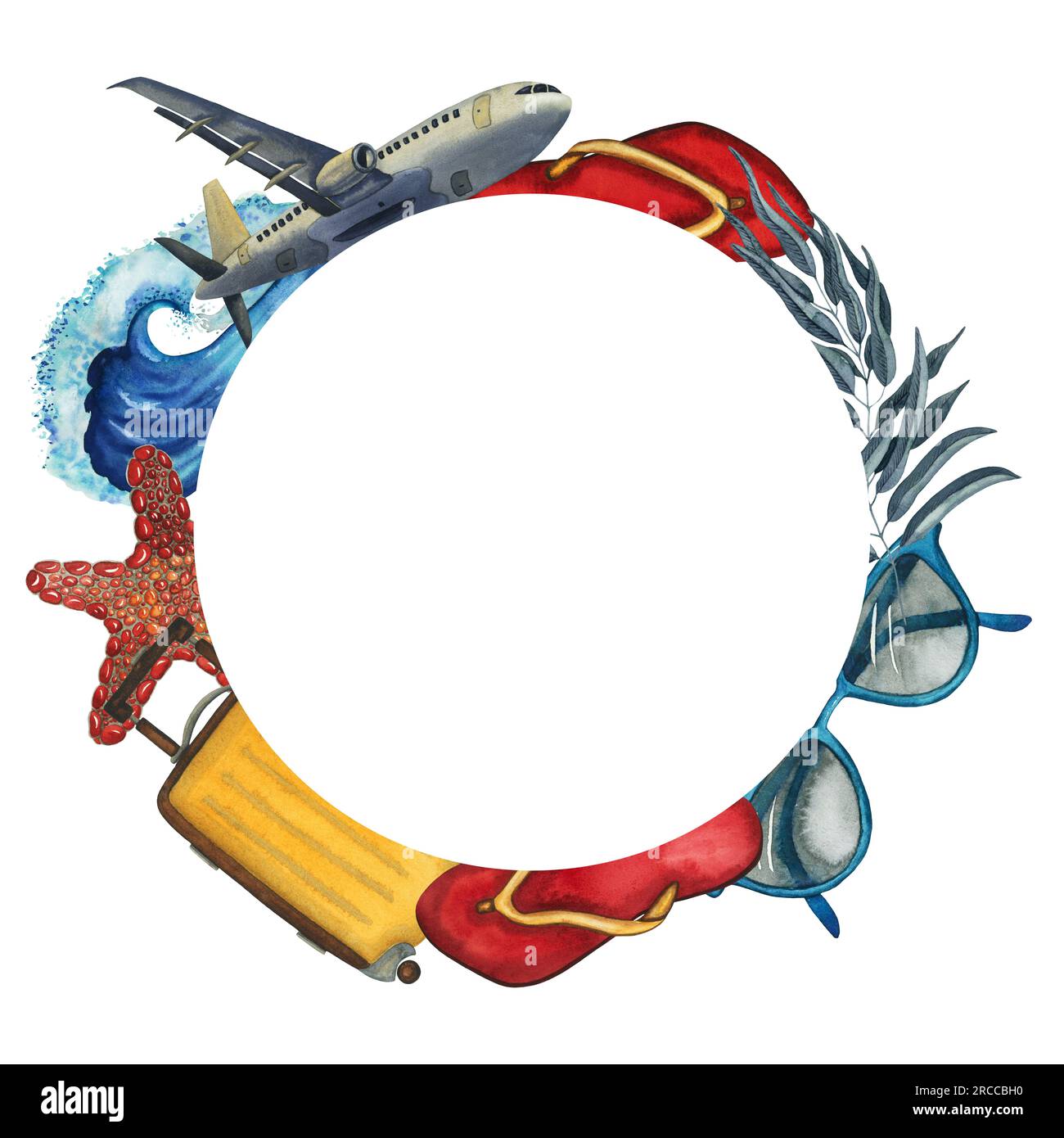 Cornice rotonda ad acquerello da viaggio con aereo, valigia, infradito, occhiali da sole, foglie di eucalipto tropicale, onda, stella marina disegnata a mano isolata su bianco Foto Stock