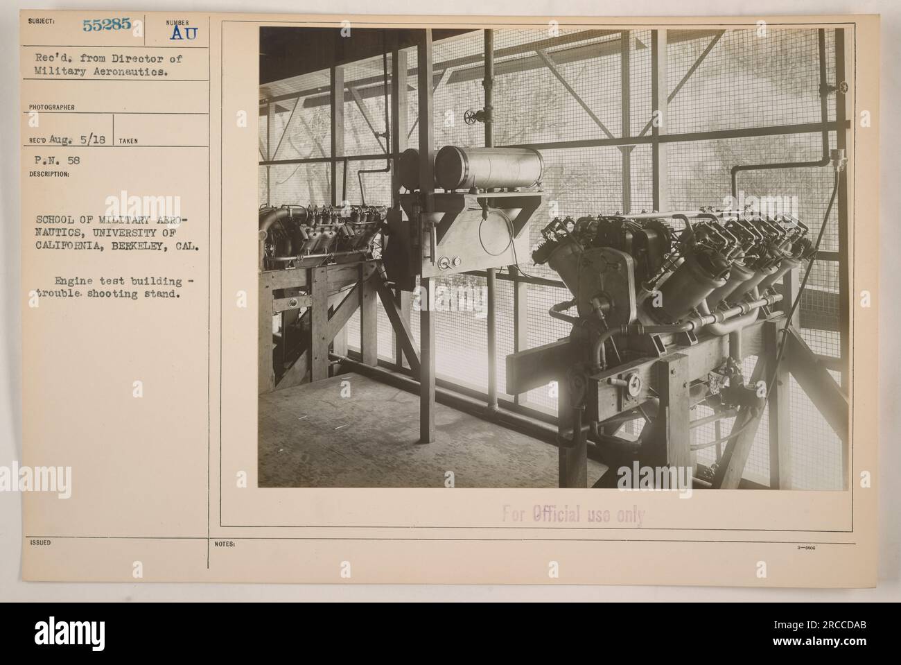 Costruzione di test motori presso la P.N. 58 School of Military Aeronautics, University of California, Berkeley, California. Questo edificio è utilizzato come supporto per la risoluzione dei problemi dei motori. La foto è stata ricevuta il 5 agosto 1918. Questa foto è solo per uso ufficiale. Foto Stock