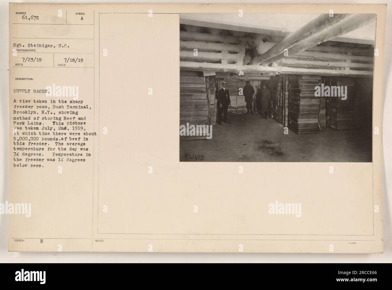 Vista dell'affilata sala freezer al Bush Terminal, Brooklyn, N.Y., utilizzata per conservare manzo e filetti di maiale durante la prima guerra mondiale. L'immagine, scattata il 2 luglio 1919, mostra circa 5 milioni di libbre di manzo conservate nel freezer. La temperatura esterna media era di 74 gradi, mentre il congelatore manteneva una temperatura di 14 gradi al di sotto dello zero. Il sergente Steiniger ha catturato questa scena. Foto Stock