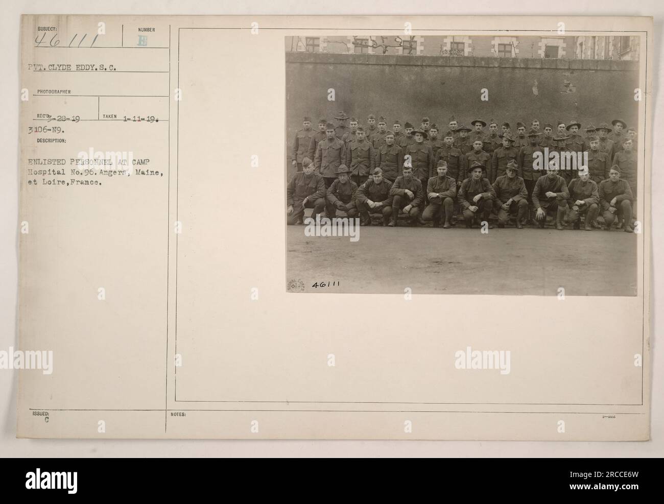 Reclutamento di personale al Camp Hospital No. 96 di Angers, Maine et Loire, Francia. La fotografia raffigura il Pvt. Clyde Eddy dell'unità S.C. Presa l'11 gennaio 1919. Questa immagine fa parte della serie REC-20-19-3106-19 Foto Stock