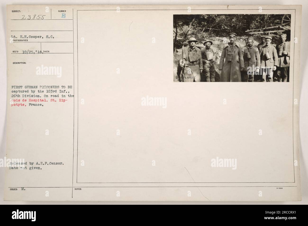 Prigionieri tedeschi catturati dal 103° Fanteria della 26a Divisione nel Bois de Hospital, St. Hip-potyte, Francia durante la prima guerra mondiale. La foto è stata scattata dal tenente E.H. Cooper, S.C. e rilasciato da A.E.P. Censor. La data della cattura è sconosciuta. Foto Stock
