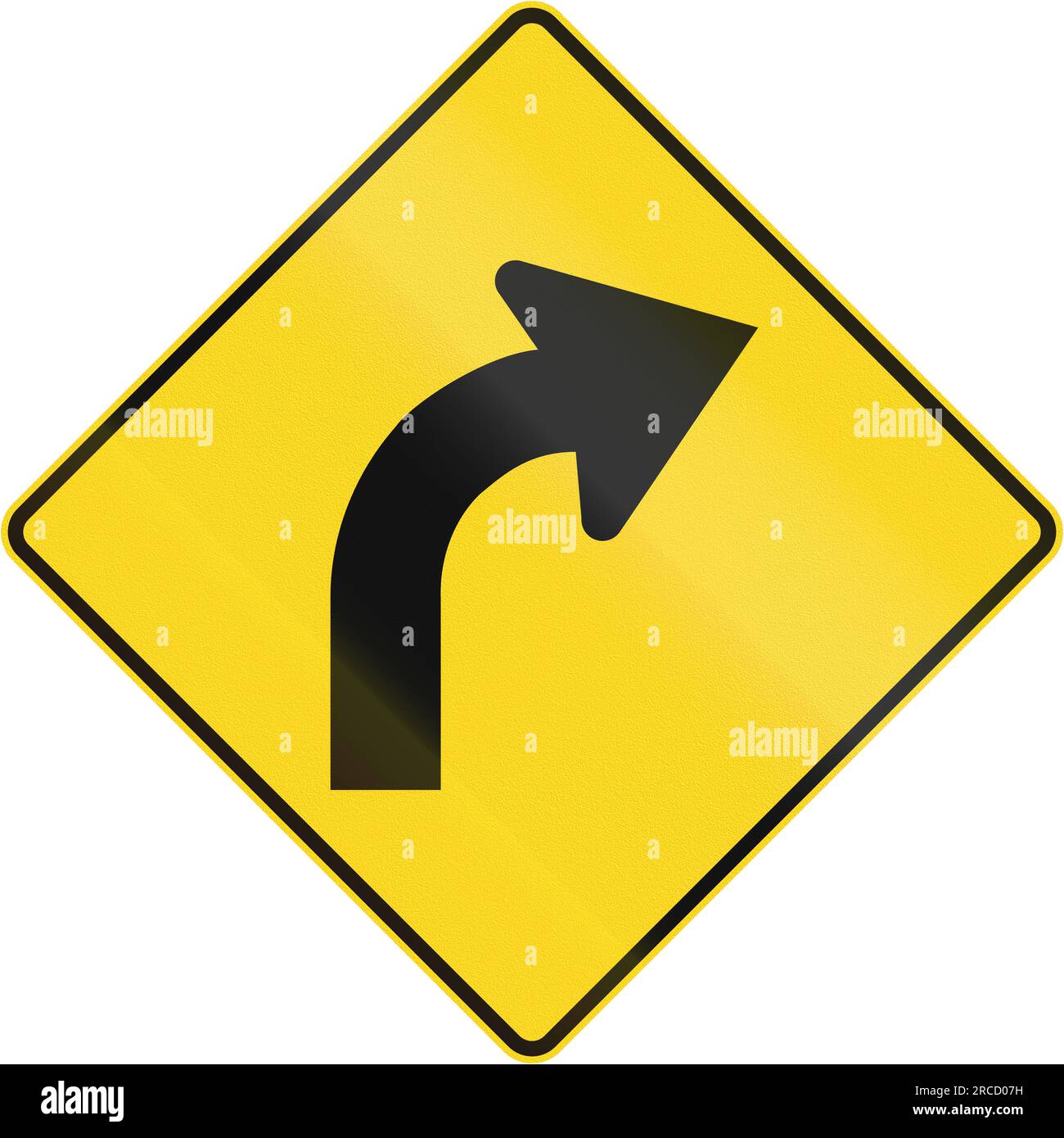Cartello segnaletico stradale canadese - curva a destra davanti. Questo segno è usato in Quebec. Foto Stock