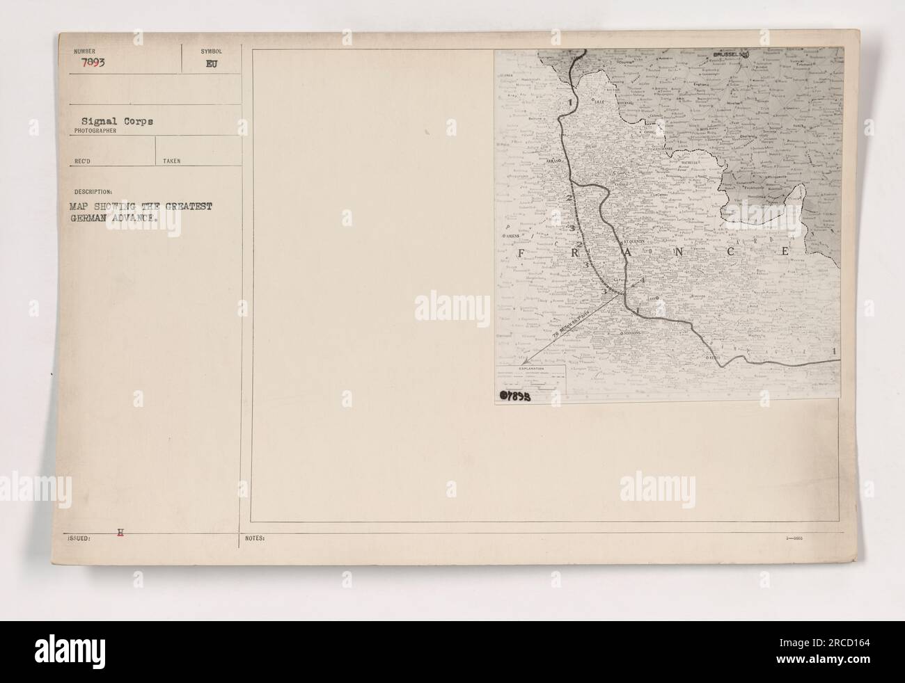 Mappa che mostra l'entità dell'avanzata tedesca durante la prima guerra mondiale. Questa fotografia, numerata 111-SC-7893, è stata scattata da un fotografo del Signal Corps. La mappa raffigura le aree in cui le forze tedesche hanno compiuto i progressi più significativi. La fotografia contiene anche note che fanno riferimento a 07898 ther IN FUSSEL. Foto Stock