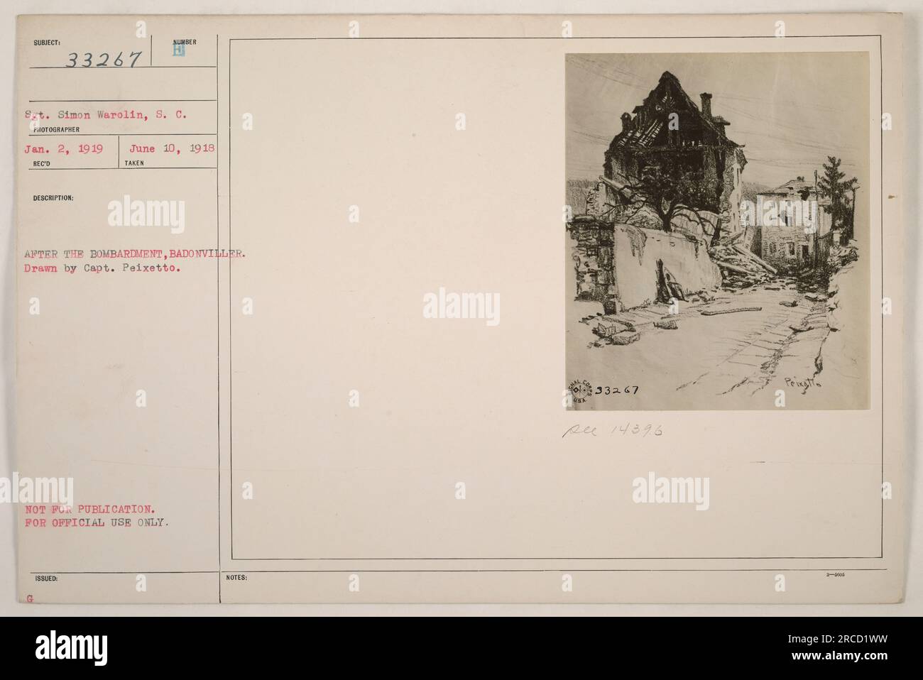 Simon Warolin, S.C., nella foto dopo il bombardamento a Badonviller durante la prima guerra mondiale. Il disegno è stato realizzato dal capitano Peixetto. Questa fotografia non è destinata alla pubblicazione ed è solo per uso ufficiale. È stata presa il 10 giugno 1918. Foto Stock