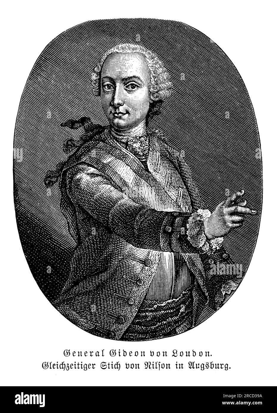 Il generale Gideon Ernst Freiherr von Loudon, nato il 5 gennaio 1716, fu un illustre comandante militare della monarchia asburgica durante il XVIII secolo. Era di origine irlandese e prestò servizio nell'esercito austriaco, ottenendo notevole successo e riconoscimento. Loudon giocò un ruolo cruciale in diversi conflitti, tra cui la guerra di successione austriaca e la guerra dei sette anni. Era noto per il suo acume strategico, in particolare nella guerra difensiva e nelle tattiche d'assedio. Loudon era molto apprezzato per la sua capacità di comandare e coordinare efficacemente le truppe sul campo di battaglia. Foto Stock
