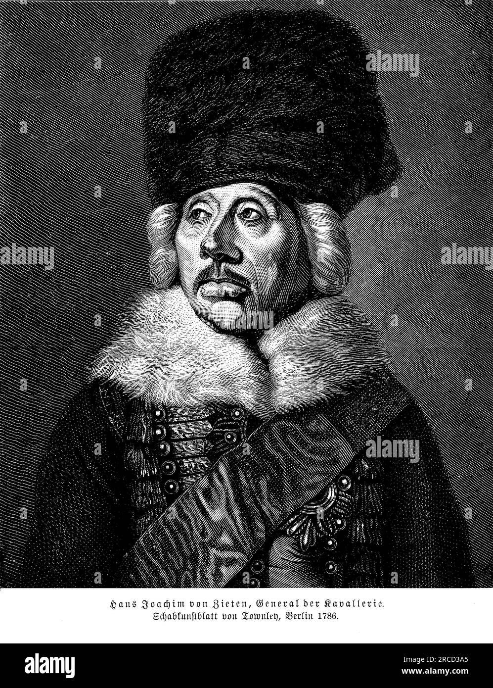 Ritratto di Hans Joachim von Zieten, nato il 14 maggio 1699, fu un notevole generale di cavalleria prussiana durante il XVIII secolo. È considerato uno dei comandanti di cavalleria più rinomati del suo tempo e giocò un ruolo vitale nei successi militari della Prussia. Von Zieten servì sotto il re Federico il grande e combatté in numerose battaglie, tra cui la guerra di successione austriaca e la guerra dei sette anni. Era noto per la sua brillantezza tattica, la sua audace leadership e la sua padronanza nella guerra di cavalleria. Le unità di cavalleria di von Zieten furono determinanti in diverse vittorie chiave e nelle sue manovre strategiche Foto Stock