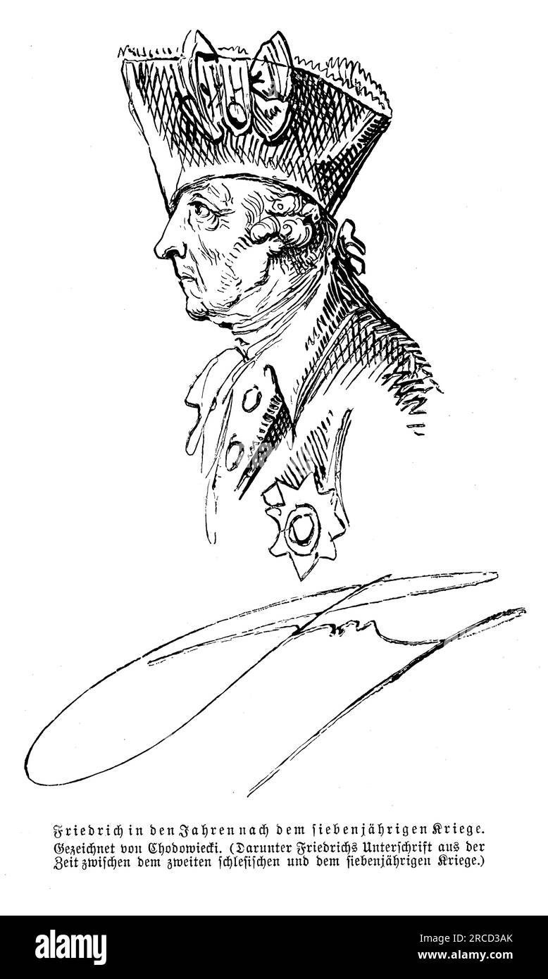 Federico il grande ai tempi della Guerra dei sette anni e la sua firma, caricatura di Daniel Chodowiecki Foto Stock
