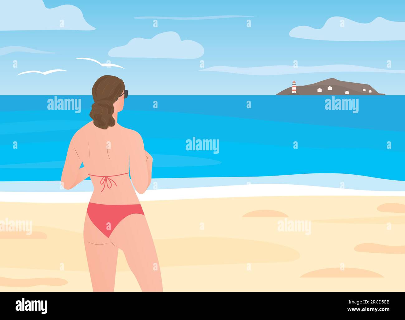 donna con occhiali da sole e bikini sulla spiaggia che guarda l'isola all'orizzonte - illustrazione vettoriale Illustrazione Vettoriale