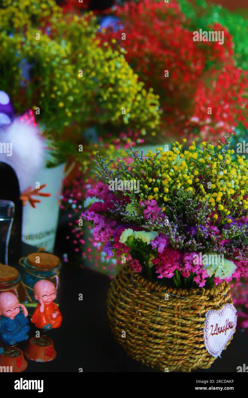 Scopri l'affascinante vista di un giardino variegato, dove fiori di vari colori si uniscono sotto il caldo abbraccio della luce del sole all'aperto. Foto Stock