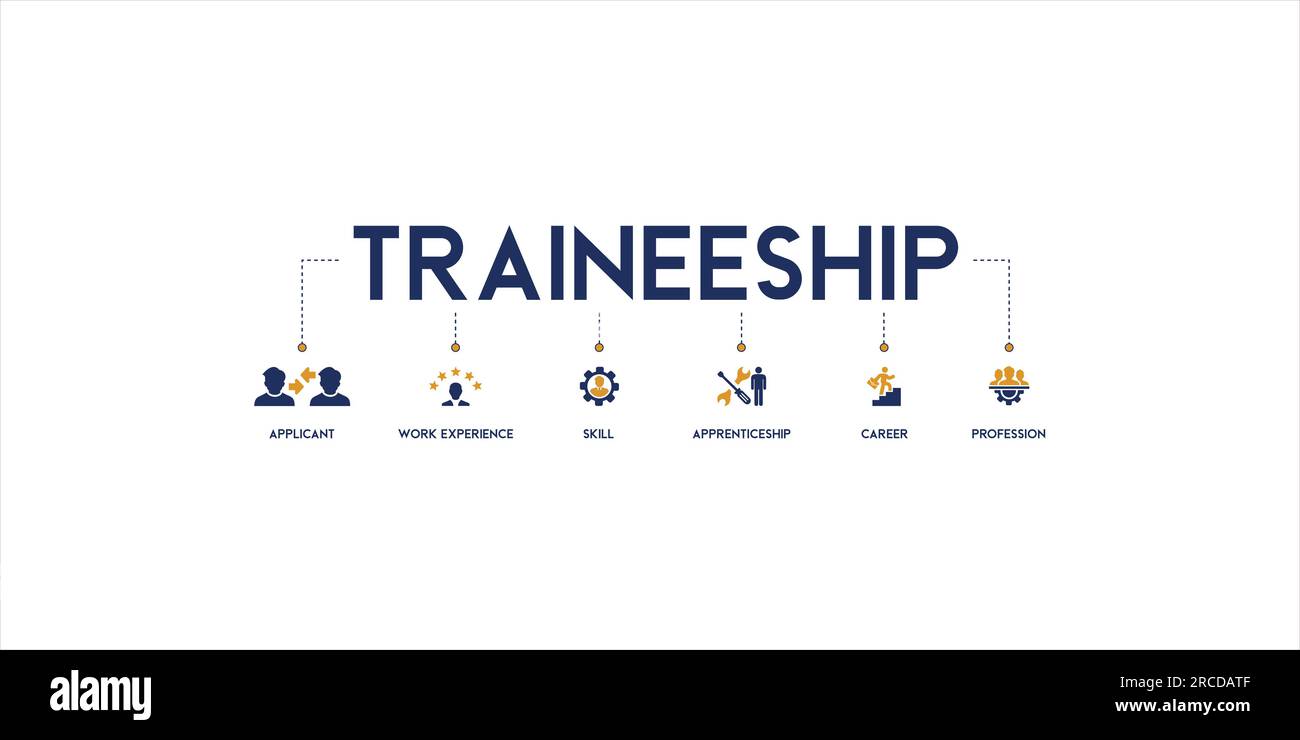 Trainesthip banner web icona vettore illustrazione concetto per apprendistato sul programma di formazione professionale con icona del candidato, esperienza di lavoro, competenze Illustrazione Vettoriale