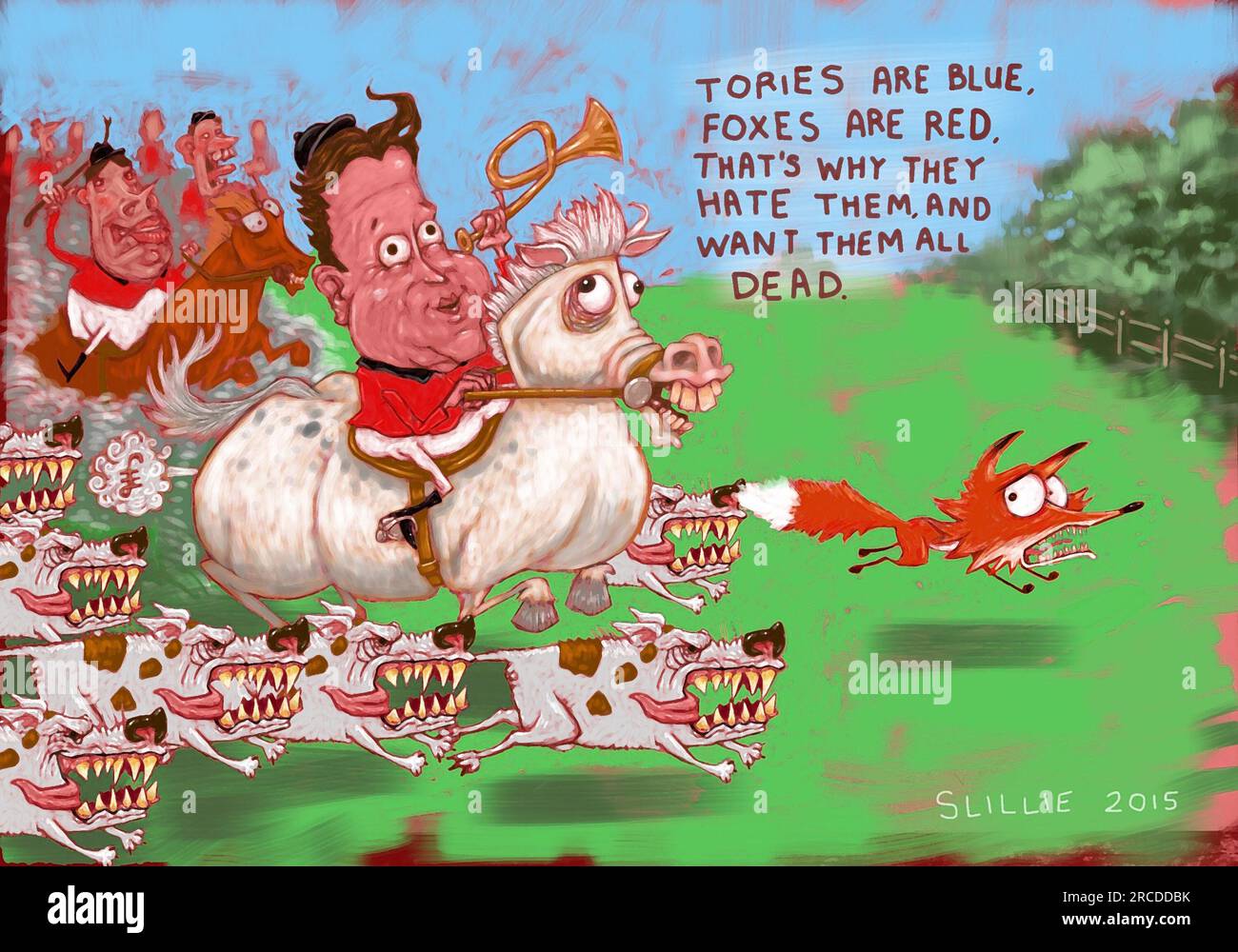 Cacciatori d'arte satirici a cavallo guidati da master of Hounds Concept: I Tories sono blu, le volpi sono rosse, ecco perché le odiano e le vogliono tutte morte Foto Stock