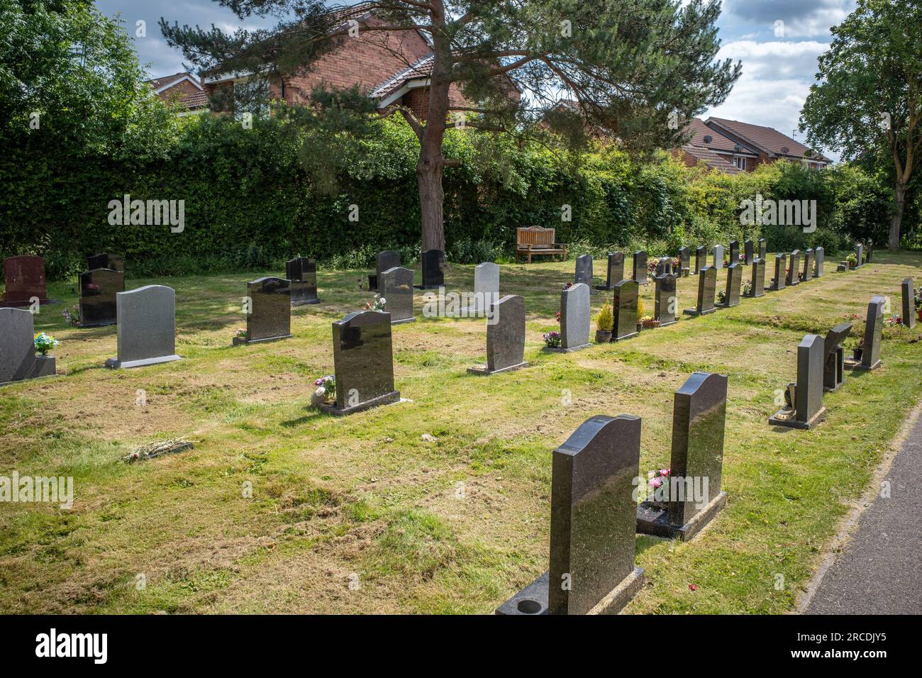 File di lapidi necciali in un piccolo cimitero in una giornata di sole con alberi sullo sfondo Foto Stock