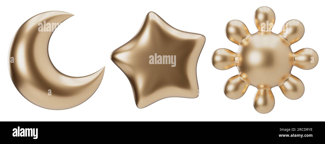 Luna, stella e sole dorati in 3D isolati su sfondo bianco. Ritagliare gli elementi di progettazione. Segnali di giorno e notte. Rendering 3D. Foto Stock